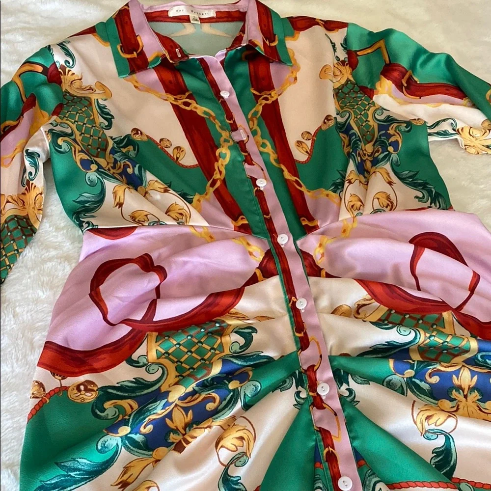 NWOT HER BOTTARI Vibrant Patterned Button-Up Shirt Dress Scarf Print Size L - Picture 4 of 16